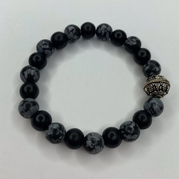 💰 𝕊 𝕠 𝕝 𝕕 💰 Onyx & Snowflake Obsidian Gemstone Stacking Stretchy Bracelet - Picture 6 of 12